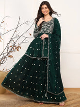 Women Green Silk Blend Solid Embroidered A-Line Kurta Skirt With Dupatta-PKSKD2588
