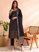 Women Navy Blue Chanderi Cotton Woven Design Straight Kurta Trousers With Dupatta-PKSKD2591