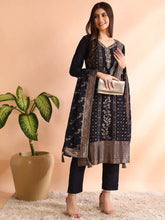 Women Navy Blue Chanderi Cotton Solid Woven Design Straight Kurta Trouser With Dupatta-PKSKD2592