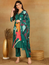 Women Green Silk Blend Floral Printed Straight Kurta Trousers With Dupatta-PKSKD2598