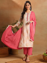 Women Off White Cotton Blend Floral Printed Straight Kurta Trousers With Dupatta-PKSKD2600