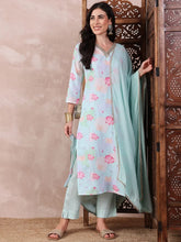Women Blue Polyester Floral Printed Straight Kurta Trouser With Dupatta-PKSKD2607