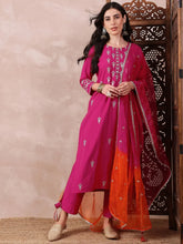 Women Pink Silk Blend Solid Embroidered Straight Kurta Trouser With Dupatta-PKSKD2618