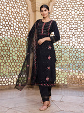 Women Black Silk Blend Solid Embroidered Straight Kurta Trouser With Dupatta-PKSKD2630