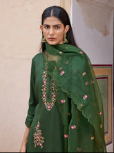 Women Green Silk Blend Solid Embroidered Straight Kurta Trouser With Dupatta-PKSKD2635