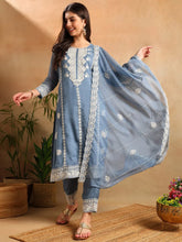 Women Blue Organza Solid Embroidered Straight Kurta Trousers With Dupatta-PKSKD2645