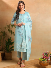 Women Blue Linen Blend Floral Woven Design Straight Kurta Trousers With Dupatta-PKSKD2649