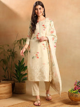 Women Cream Linen Blend Floral Woven Design Straight Kurta Trousers With Dupatta-PKSKD2651