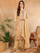 Women Beige Chanderi Striped Woven Design Straight Kurta Trouser With Dupatta-PKSKD2656