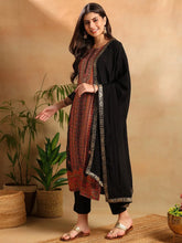 Women Black Chanderi Ethnic Motifs Woven Design Straight Kurta Trousers With Dupatta-PKSKD2657