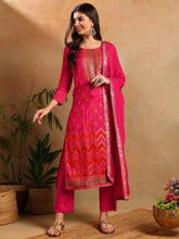 Women Pink Silk Ethnic Motifs Woven Design Straight Kurta Trousers With Dupatta-PKSKD2658