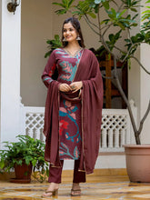 Women Brown Polyester Abstract Printed Straight Kurta Trouser With Dupatta-PKSKD2689