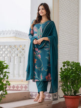 Women Teal Polyester Abstract Printed Straight Kurta Trouser With Dupatta-PKSKD2690