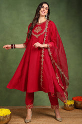 Red Silk Blend Solid Embroidered Anarkali Suit Set With Trouser Bottom PKSKD2726