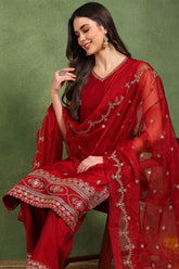 Women Maroon Silk Blend Solid Embroidered Straight Kurta Palazzo and Dupatta-PKSKD2727