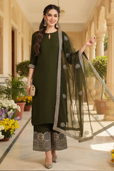 Olive Green Silk Blend Solid Straight Suit Set With Palazzo Style Bottom PKSKD2744