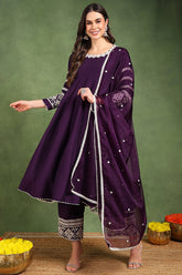 Purple Silk Blend Round Patti Anarkali Kurta & Trousers With Dupatta HOPPKSKD2758