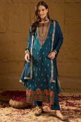 Blue Pure Silk Woven Design Straight Kurta Trousers With Dupatta HOPPKSKD2764