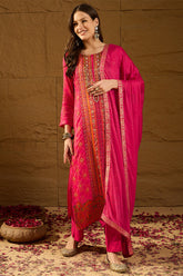 Pink Silk Ethnic Motifs Woven Design Straight Kurta Trousers With Dupatta HOPPKSKD2765