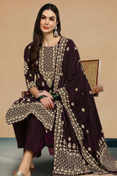 Purple Velvet Ethnic Motifs Printed Straight Suit Sets PKSKD2769
