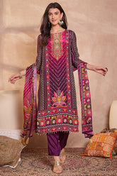 Purple Viscose Ethnic Motifs Embroidered Straight Kurta Trousers With Dupatta PKSKD2790
