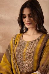 Mustard Viscose Rayon Solid Embroidered Straight Kurta Trousers With Dupatta PKSKD2795