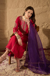 Red Silk Blend Solid Embroidered A-Line Kurta Trouser and Dupatta HOPPKSKD2842