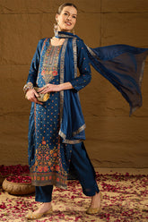 Blue Silk Floral Woven Design Straight Kurta Trousers With Dupatta HOPPKSKD2843