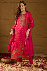 Pink Silk Floral Woven Design Straight Kurta Trousers With Dupatta HOPPKSKD2844