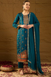 Blue Pure Silk Floral Woven Design Straight Suit Sets HOPPKSKD2845