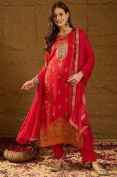 Red Pure Silk Ethnic Motifs Woven Design Straight Suit Sets HOPPKSKD2846