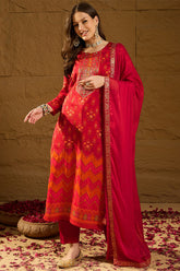 Red Silk Ethnic Motifs Woven Design Straight Kurta Trousers With Dupatta HOPPKSKD2847