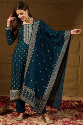Teal Silk Blend Embroidered Straight Kurta Trouser With Dupatta HOPPKSKD2851