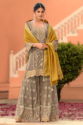 Beige Viscose Shimmer Embroidered Straight Kurta Sharara with Dupatta PKSKD2860