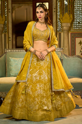 Mustard Silk Blend Embroidered Flared Lehenga Choli With Dupatta PKSKD2863