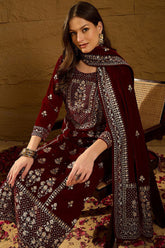 Maroon Velvet Ethnic Motifs Printed Straight Trousers Suit Set PKSKD2881