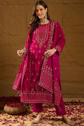 Pink Velvet Ethnic Motifs Printed Straight Trousers Suit Set PKSKD2885