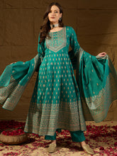 Women Teal Silk Blend Ethnic Motifs Woven Design Anarkali Kurta Trousers With Dupatta-PKSKD2895
