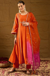 Orange Silk Blend Embroidered A-Line Kurta Trousers With Dupatta HOPPKSKD2928