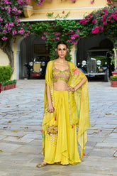 Yellow Chiffon Solid Embroidered Straighit Top Skirt With Shrug PKSKD2951