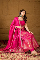 Pink Silk Blend Woven Design Anarkali Kurta Churidar with Dupatta HPKSKD3018