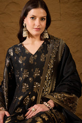 Black Poly Chanderi Printed Straight Kurta Trouser With Dupatta HPKSKD3027