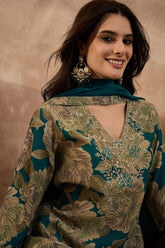 Teal Silk Blend Floral Embroidered Straight Kurta Trousers With Dupatta PKSKD3075