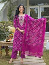 Women Purple Silk Blend Bandhani Embroidered Straight Kurta Trousers With Dupatta-PKSKD3108