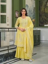 Women Yellow Georgette Solid Printed A-Line Kurta Sharara With Dupatta-PKSKD3111