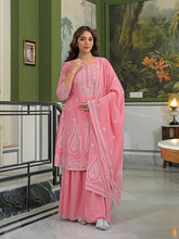 Women Peach Georgette Solid Printed A-Line Kurta Sharara With Dupatta-PKSKD3113