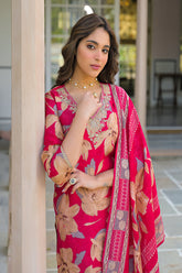 Pink Viscose Floral Embroidered Straight Kurta Trousers With Dupatta PKSKD3141