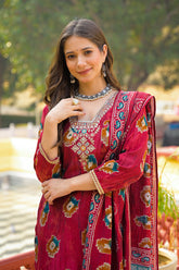 Maroon Viscose Embroidered Straight Kurta Trousers With Dupatta PKSKD3145