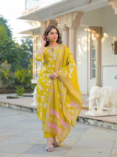 Women Yellow Viscose Rayon Floral Printed Straight Kurta Trousers With Dupatta-PKSKD3179