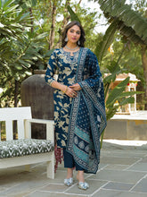 Women Navy Blue Viscose Rayon Floral Printed Straight Kurta Trousers With Dupatta-PKSKD3181